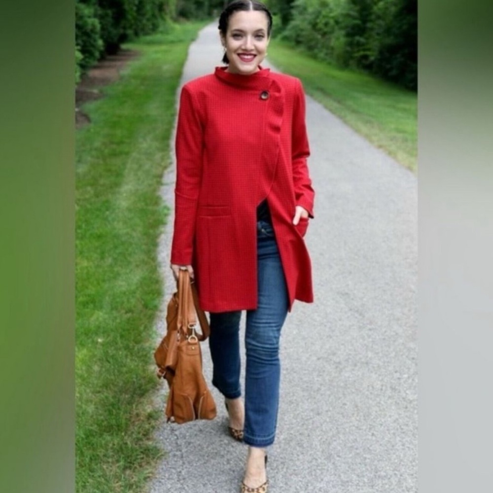 Cabi Celebration Jacket #3546 Red Houndstooth Long Coat Small